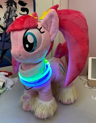 Size: 1608x2048 | Tagged: safe, artist:lilmoon, pacific glow, earth pony, pony, clothes, female, glowstick, irl, leg warmers, mare, pacifier, photo, pigtails, pink coat, plushie, sweat band