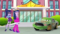 Size: 1223x689 | Tagged: safe, artist:fireluigi29, sci-twi, twilight sparkle, alicorn, human, equestria girls, g4, big crown thingy, canterlot high, car, cars (pixar), chick hicks, crossover, element of magic, fall formal outfits, jewelry, random pictures pasted next to each other, regalia, twilight sparkle (alicorn), twolight