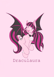 Size: 1462x2048 | Tagged: safe, artist:mscolorsplash, pony, undead, vampire, vampony, draculaura, eyebrows, eyebrows visible through hair, fangs, monster high, name, open mouth, open smile, pink background, ponified, simple background, smiling, solo, spread wings, wings