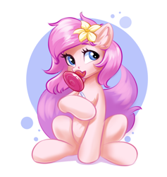 Size: 1680x1772 | Tagged: safe, artist:kittytitikitty, oc, oc only, oc:kayla, earth pony, pony, candy, ear fluff, earth pony oc, female, flower, flower in hair, food, licking, lollipop, mare, solo, tongue out