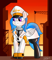 Size: 3800x4400 | Tagged: safe, artist:cdrspark, oc, oc only, oc:winter, pegasus, pony, blushing, bowtie, clothes, female, gloves, long gloves, military pony, military uniform, rubber boots, rubber gloves, simple background, socks, solo, thigh highs, u.d.c.e., uniform