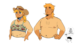 Size: 1015x584 | Tagged: safe, artist:bixels, applejack, big macintosh, human, the grand galloping 20s, g4, alternate universe, belly button, bra, brother and sister, chest hair, clothes, dialogue, duo focus, farmer's tan, female, genderqueer, humanized, male, male nipples, musclegut, nipples, partial nudity, siblings, simple background, smiling, speech bubble, straw in mouth, tan lines, topless, underwear, white background