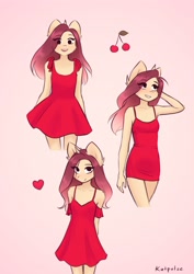 Size: 2480x3508 | Tagged: safe, artist:katputze, oc, oc only, oc:crimson sunset, unicorn, anthro, cheek fluff, cherry, clothes, dress, eye clipping through hair, female, floating heart, food, heart, high res, looking at you, mare, pink background, red dress, signature, simple background, smiling, smiling at you, solo