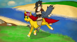 Size: 1980x1080 | Tagged: safe, artist:terminalhash, oc, oc:hyzeth, oc:rouzfirecarrot, avian, pony, rito, unicorn, clothes, jewelry, riding, river, sand, smiling, summer, the legend of zelda, water