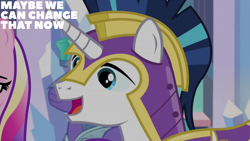 Size: 2000x1125 | Tagged: safe, edit, edited screencap, editor:quoterific, screencap, princess cadance, shining armor, alicorn, pony, unicorn, g4, the times they are a changeling, armor, crystal castle, royal guard