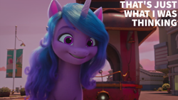Size: 2000x1125 | Tagged: safe, edit, edited screencap, editor:quoterific, screencap, izzy moonbow, pony, unicorn, g5, have you seen this dragon?, my little pony: make your mark, my little pony: make your mark chapter 2, spoiler:g5, spoiler:my little pony: make your mark, spoiler:my little pony: make your mark chapter 2, spoiler:mymc02e08, dialogue, female, mare, maretime bay, smiling, solo, tram