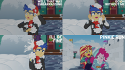 Size: 2000x1125 | Tagged: safe, edit, edited screencap, editor:quoterific, screencap, flash sentry, pinkie pie, sunset shimmer, human, equestria girls, equestria girls specials, g4, my little pony equestria girls: better together, my little pony equestria girls: holidays unwrapped, saving pinkie's pie, clothes, scarf, snow, snowball, snowball fight