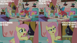 Size: 2000x1125 | Tagged: safe, edit, edited screencap, editor:quoterific, screencap, discord, fluttershy, draconequus, pegasus, pony, discordant harmony, g4, chair, couch, discord's house, food, glasses, sandwich, sitting