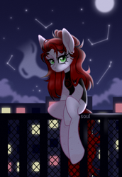 Size: 790x1150 | Tagged: safe, artist:cursed soul, oc, oc only, oc:soul, pony, city, constellation, dark background, fence, green eyes, moon, night, original character do not steal, sitting, solo, stars