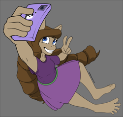 Size: 1600x1525 | Tagged: safe, artist:nudeknightart, oc, oc only, oc:time spinner, earth pony, anthro, plantigrade anthro, barefoot, big hair, camera, clothes, feet, peace sign, phone, selfie, simple background, skirt, smiling, solo
