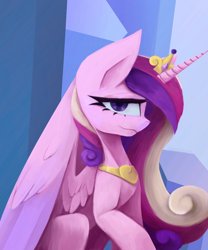 Size: 2500x3000 | Tagged: safe, artist:anastas, princess cadance, alicorn, pegasus, pony, unicorn, g4, big ears, big eyes, closed mouth, colored wings, crown, eyelashes, female, gradient wings, high res, jewelry, long mane, looking at you, mare, multicolored hair, pink coat, purple eyes, raised hoof, regalia, sitting, sketch, smiling, solo, spread wings, sternocleidomastoid, tail, tiara, wings