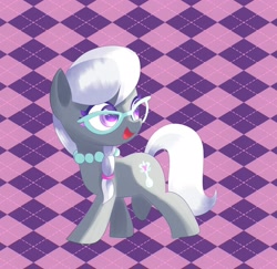 Size: 2160x2100 | Tagged: safe, artist:andromedasparkz, silver spoon, earth pony, pony, g4, braid, braided ponytail, cute, female, filly, foal, glasses, happy, high res, jewelry, necklace, open mouth, open smile, patterned background, ponytail, silverbetes, smiling, solo