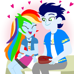 Size: 1400x1400 | Tagged: safe, artist:mlplary6, rainbow dash, soarin', human, equestria girls, g4, boyfriend and girlfriend, eyes closed, female, heart, love, male, ship:soarindash, shipping, sitting, smiling, straight