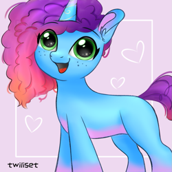 Size: 811x810 | Tagged: safe, artist:twiliset, misty brightdawn, pony, unicorn, g5, my little pony: make your mark, spoiler:g5, cute, excited, female, happy, heart, mare, open mouth, pink background, rebirth misty, simple background, solo, sparkles