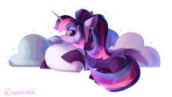 Size: 5333x3000 | Tagged: safe, artist:neonishe, twilight sparkle, alicorn, pony, g4, clothes, collar, commission, pillow, shirt, simple background, socks, solo, twilight sparkle (alicorn), white background