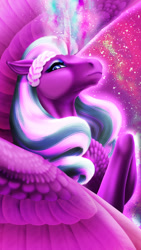Size: 768x1366 | Tagged: safe, artist:oneiria-fylakas, opaline arcana, alicorn, pony, g5, bust, chest fluff, curved horn, female, glowing, glowing horn, hoers, horn, looking at you, looking down, looking down at you, magic, majestic, mare, solo, sparkles, spread wings, wings