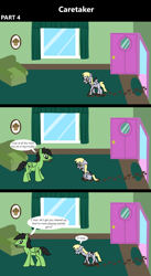 Size: 1920x3516 | Tagged: safe, artist:platinumdrop, derpy hooves, oc, oc:anon, oc:anon stallion, pegasus, pony, comic:caretaker, series:caretaker, g4, 3 panel comic, angry, caretaker, comic, commission, couch, covered in mud, crying, curtains, dialogue, dirty, door, duo, duo male and female, ears back, excited, female, filly, filly derpy, floppy ears, flower, foal, folded wings, food, front door, frown, furniture, happy, indoors, living room, looking at each other, looking at someone, looking down, male, messy, mud, muddy, muffin, open door, open mouth, painting, picture frame, plant, room, sad, scolding, scowl, series, sitting, smiling, speech bubble, spread wings, stallion, stern, stubble, talking, vase, walking, window, wings, wings down, yelling, younger