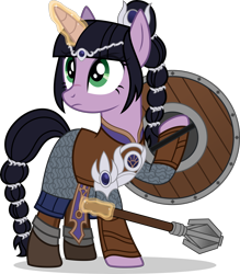 Size: 3935x4500 | Tagged: safe, artist:limedazzle, pony, unicorn, armor, baldur's gate, baldur's gate 3, black hair, black mane, black tail, braid, braided ponytail, braided tail, dungeons and dragons, fantasy class, female, female oc, green eyes, guard, guardsmare, horn, knight, mace, magic, magic aura, mare, medieval, pen and paper rpg, ponified, ponytail, purple coat, purple fur, royal guard, rpg, scar, shadowheart, shield, simple background, solo, tail, telekinesis, transparent background, unicorn oc, warrior, weapon