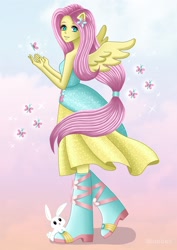 Size: 1000x1414 | Tagged: safe, artist:bluebell, artist:kyc-chan, angel bunny, fluttershy, butterfly, human, rabbit, equestria girls, equestria girls series, g4, my little pony equestria girls, animal, bare shoulders, butterfly hairpin, clothes, dress, duo, duo male and female, fall formal outfits, female, gradient background, hairpin, innocent, looking at you, male, outfit, pastel, ponied up, sleeveless, smiling, soft, sparkles, spread wings, strapless, transformation, wings
