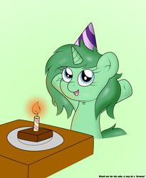 Size: 2550x3109 | Tagged: safe, artist:sparkfler85, derpibooru exclusive, oc, oc only, oc:sparkling cogs, pony, unicorn, birthday, brownie, candle, female, food, happy, hat, high res, party hat, simple background, smiling, solo, spread hooves