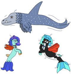 Size: 2069x2154 | Tagged: safe, artist:supahdonarudo, oc, oc only, oc:icebeak, oc:sea lilly, seapony (g4), whale, bubble, camera, high res, jewelry, looking up, necklace, scared, sea monster, simple background, transparent background