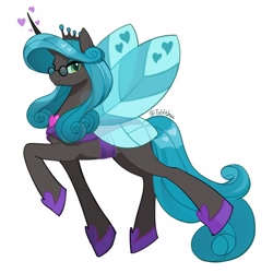 Size: 2048x2048 | Tagged: safe, artist:tabithaqu, queen chrysalis, changeling, changeling queen, g4, idw, eyeshadow, female, glasses, heart, high res, hoof shoes, lidded eyes, makeup, mirror universe, reversalis, simple background, smiling, solo, white background
