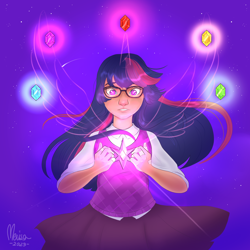 Size: 3000x3000 | Tagged: safe, artist:merisa, twilight sparkle, human, g4, element of generosity, element of honesty, element of kindness, element of laughter, element of loyalty, element of magic, elements of harmony, high res, humanized, magic, solo, tan skin