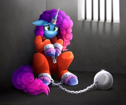 Size: 4096x3413 | Tagged: safe, artist:buvanybu, misty brightdawn, pony, unicorn, g5, abuse, ankle cuffs, bad end, ball and chain, bars, chained, chains, clothes, coat markings, colored hooves, colored pupils, cuffed, cuffs, female, freckles, gradient hair, gradient horn, gradient mane, gradient tail, horn, horn ring, indoors, jail, jail cell, jewelry, jumpsuit, magic suppression, mare, mistybuse, multicolored hair, multicolored mane, multicolored tail, never doubt rainbowdash69's involvement, prison, prison cell, prison outfit, prisoner, prisoner misty, rebirth misty, ring, room, sad, shackles, sitting, socks (coat markings), solo, tail, text, tight clothing, unshorn fetlocks, window