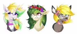 Size: 4096x1905 | Tagged: safe, artist:buvanybu, oc, oc only, oc:canvas, deer, pony, unicorn, bust, deer oc, drink, floral head wreath, flower, freckles, glasses, horn, non-pony oc, simple background, tongue out, unicorn oc, white background