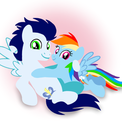 Size: 1400x1400 | Tagged: safe, artist:mlplary6, rainbow dash, soarin', pegasus, pony, g4, boyfriend and girlfriend, female, looking at you, lying down, male, mare, ship:soarindash, shipping, smiling, smiling at you, snuggling, stallion, straight