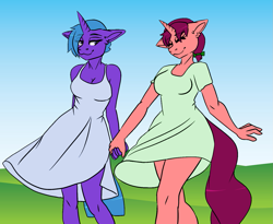 Size: 1435x1176 | Tagged: safe, artist:oddends, oc, oc only, oc:cascade, oc:melody, unicorn, anthro, blue hair, breasts, cleavage, clothes, date, day, dress, duo, ear fluff, eyes closed, eyes open, female, floppy ears, hair over one eye, hair tie, holding hands, horn, lesbian, outdoors, park, red hair, short hair, smiling, sundress, thighs, walking