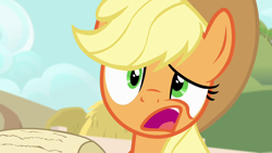 Size: 1280x720 | Tagged: safe, screencap, applejack, earth pony, pony, g4, pinkie apple pie, season 4, confused, cute, faic, jackabetes, open mouth, solo, wat