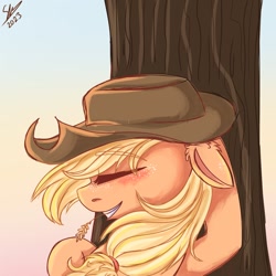 Size: 1280x1280 | Tagged: safe, artist:galaxy swirl, applejack, earth pony, pony, g4, bust, ear fluff, eyes closed, female, floppy ears, freckles, hat, mare, profile, resting, smiling, solo, straw in mouth, tree, under the tree