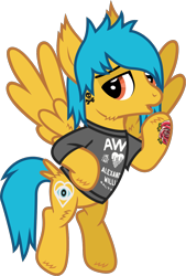 Size: 869x1287 | Tagged: safe, artist:lightningbolt, derpibooru exclusive, pegasus, pony, g4, .svg available, alex gaskarth, all time low, cheek fluff, clothes, dyed mane, dyed tail, ear fluff, flying, hair over one eye, hoof fluff, hoof on hip, lidded eyes, looking at you, male, ponified, raised hoof, shirt, show accurate, simple background, solo, spread wings, stallion, svg, t-shirt, tail, tail feathers, tattoo, transparent background, vector, wing fluff, wings