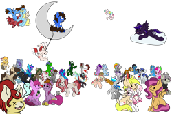 Size: 2351x1567 | Tagged: safe, artist:noxi1_48, berry punch, berryshine, oc, oc:astonish moon, oc:creatio, oc:cubi, oc:hawker hurricane, oc:holy sword, oc:treble pen, earth pony, kirin, mouse, nirik, pegasus, pony, unicorn, daily dose of friends, g4, bow, candy, candy corn, cloud, crescent moon, donut, drink, food, giving up the ghost, hair bow, heart, heart eyes, knife, moon, on a cloud, plushie, poké ball, pokémon, simple background, tangible heavenly object, transparent background, wingding eyes, x eyes