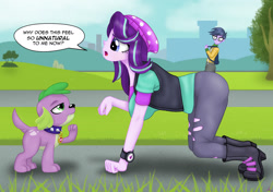 Size: 1280x903 | Tagged: safe, artist:lennondash, micro chips, spike, starlight glimmer, dog, human, equestria girls, g4, all fours, beanie, boots, breasts, busty starlight glimmer, clothes, collar, dialogue, eyes on the prize, female, hat, humans doing horse things, male, open mouth, pants, ripped pants, shoes, side view, speech bubble, spike the dog, spiked collar, talking, teenager, torn clothes, vest, watch, wristwatch