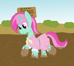 Size: 2000x1800 | Tagged: safe, artist:amateur-draw, oc, oc only, oc:belle boue, pony, unicorn, camping outfit, clothes, crossdressing, dress, male, mud, mud bath, mud play, muddy, muddy hooves, quarry, quicksand, sign, simple background, solo, stallion, wet and messy