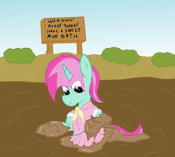 Size: 2000x1800 | Tagged: safe, artist:amateur-draw, oc, oc only, oc:belle boue, pony, unicorn, camping outfit, clothes, crossdressing, dress, male, mud, mud bath, mud play, muddy, quarry, quicksand, simple background, sinking, solo, stallion, wet and messy