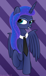 Size: 2416x4032 | Tagged: safe, artist:rainbowšpekgs, princess luna, alicorn, pony, g4, female, looking at you, mare, necktie, smiling, solo, spread wings, standing, wings