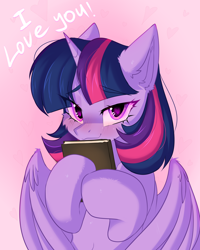 Size: 2000x2500 | Tagged: safe, artist:thieftea, twilight sparkle, alicorn, pony, g4, blushing, book, bust, cute, female, heart, heart eyes, high res, hoof hold, horn, i love you, looking at you, mare, multicolored hair, partially open wings, smiling, smiling at you, solo, three quarter view, twiabetes, twilight sparkle (alicorn), wingding eyes, wings