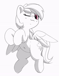 Size: 2563x3294 | Tagged: safe, artist:pabbley, rainbow dash, pegasus, pony, g4, belly button, cute, dashabetes, grayscale, high res, looking at you, looking down, looking down at you, monochrome, one eye closed, partial color, simple background, smiling, smiling at you, solo, white background