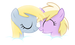 Size: 1280x768 | Tagged: safe, derpy hooves, dinky hooves, pegasus, pony, unicorn, g4, cloud, duo, duo female, equestria's best mother, eyes closed, female, filly, foal, mare, mother and child, mother and daughter, open mouth, open smile, smiling