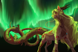 Size: 6000x4000 | Tagged: safe, artist:unt3n, oc, oc only, pony, aurora borealis, commission, facial hair, forest, forest background, horn, moustache, scar, sketch, solo, witch