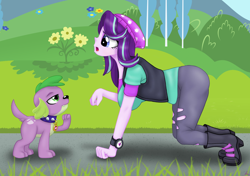 Size: 1280x903 | Tagged: safe, anonymous editor, artist:lennondash, edit, spike, starlight glimmer, dog, human, equestria girls, g4, all fours, beanie, boots, breasts, busty starlight glimmer, clothes, collar, female, flower, hat, humans doing horse things, male, open mouth, pants, ripped pants, ship:sparlight, shipping, shoes, side view, speech bubble, spike the dog, spiked collar, straight, teenager, torn clothes, vest, watch, wristwatch