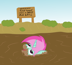 Size: 2000x1800 | Tagged: safe, artist:amateur-draw, oc, oc only, oc:belle boue, pony, unicorn, camping outfit, clothes, crossdressing, dress, male, mud, mud bath, mud play, muddy, quarry, quicksand, sign, simple background, sinking, solo, stallion, wet and messy