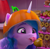 Size: 407x400 | Tagged: safe, screencap, izzy moonbow, pony, unicorn, g5, my little pony: make your mark, my little pony: make your mark chapter 5, nightmare on mane street, official, spoiler:g5, apple, candy apple, caramel apple (food), clothes, costume, cropped, cute, female, food, good gourds, hat, izzybetes, licking, mare, nightmare night, nightmare night costume, pumpkin hat, tongue out