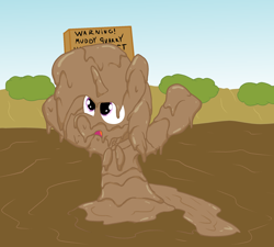 Size: 2000x1800 | Tagged: safe, artist:amateur-draw, oc, oc only, oc:belle boue, pony, unicorn, camping outfit, clothes, covered in mud, crossdressing, dress, male, mud, mud bath, mud play, mud pony, muddy, quicksand, sign, simple background, solo, stallion, wet and messy
