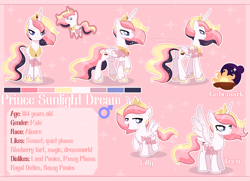 Size: 2000x1447 | Tagged: safe, artist:dixieadopts, oc, oc:sunlight dream, alicorn, pony, blue eyes, closed mouth, colt, crown, ethereal hair, ethereal mane, ethereal tail, foal, folded wings, front view, hoof shoes, jewelry, lidded eyes, male, male alicorn, male alicorn oc, male symbol, open mouth, parent:princess celestia, peytral, pink background, pointy ponies, raised hoof, reference sheet, regalia, side view, simple background, smiling, solo, sparkles, sparkly mane, sparkly tail, spread wings, stallion, standing, standing on two hooves, tail, text, walking, wings