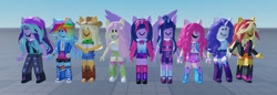Size: 1618x554 | Tagged: safe, screencap, applejack, fluttershy, pinkie pie, rainbow dash, rarity, sci-twi, starlight glimmer, sunset shimmer, twilight sparkle, alicorn, butterfly, equestria girls, g4, 3d, armband, bangs, beanie, belt, boots, bow, bowtie, bracelet, button, clothes, converse, cowboy boots, cowboy hat, cutie mark on clothes, denim, denim skirt, female, freckles, glasses, gold, hairclip, hat, heart, horn, humane five, humane seven, humane six, jacket, jewelry, laughing, leather, leather jacket, long socks, mary janes, one eye closed, pants, pleated skirt, polka dot socks, pony ears, ponytail, rainbow socks, ripped pants, roblox, roblox screencap, rolled up sleeves, shirt, shoes, short sleeves, shorts, shorts under skirt, skirt, sky, sleeveless, smiling, sneakers, socks, striped socks, sweater, teeth, tongue out, torn clothes, twilight sparkle (alicorn), twolight, vest, wings, wink