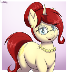 Size: 2840x2944 | Tagged: safe, artist:an-tonio, oc, oc only, oc:golden brooch, pony, unicorn, earring, female, glasses, gradient background, hair bun, high res, jewelry, lipstick, looking at you, mother, necklace, pearl necklace, red lipstick, solo